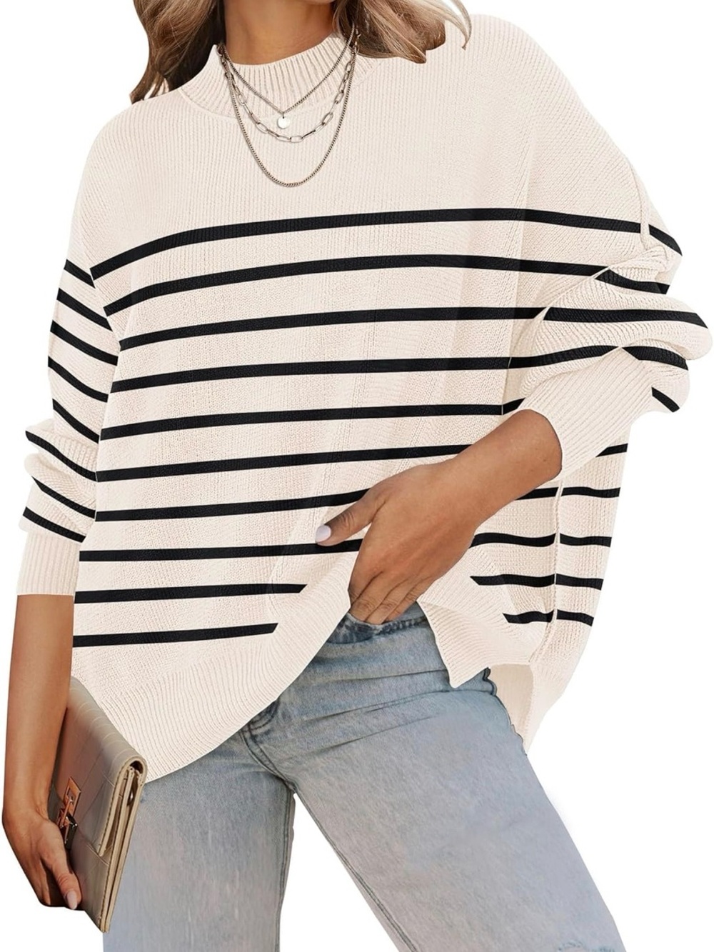 Striped Cream and Black Boatneck Sweater Size Small
